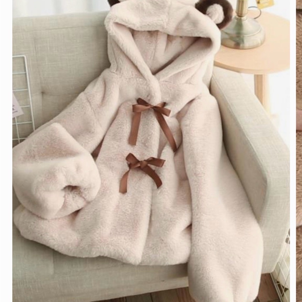 Plush Hooded WOMANS Coat with Bear Ears - Cream